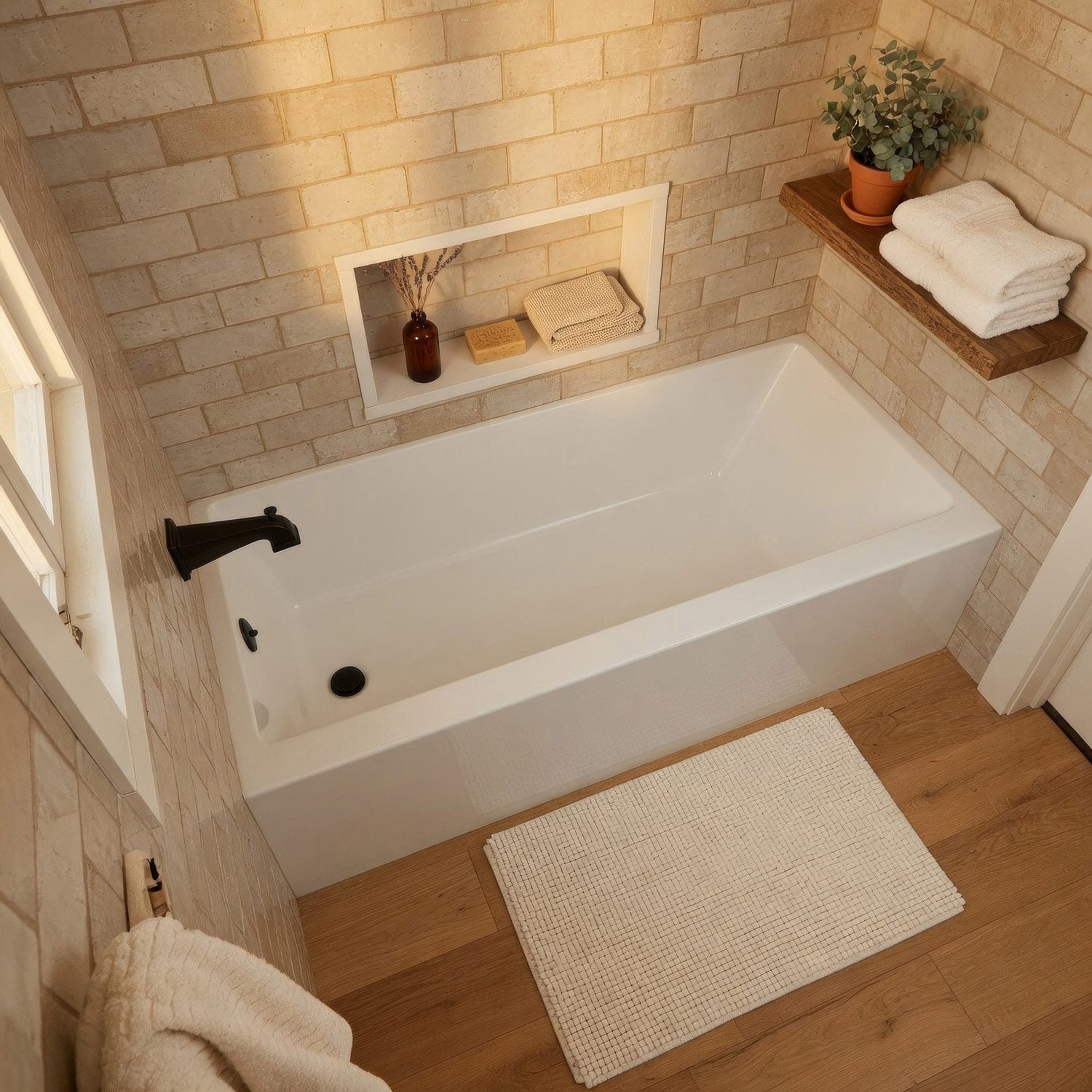 Alcove soaking bathtub with drain hole options