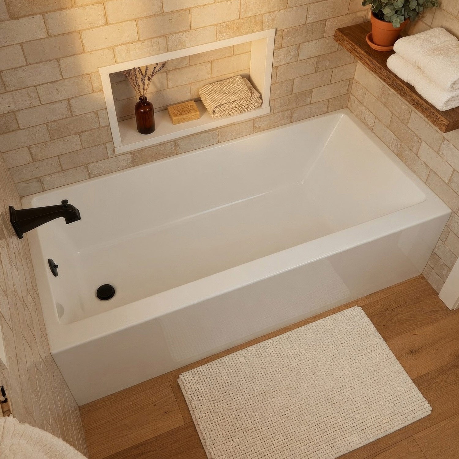 Alcove soaking bathtub with drain hole options