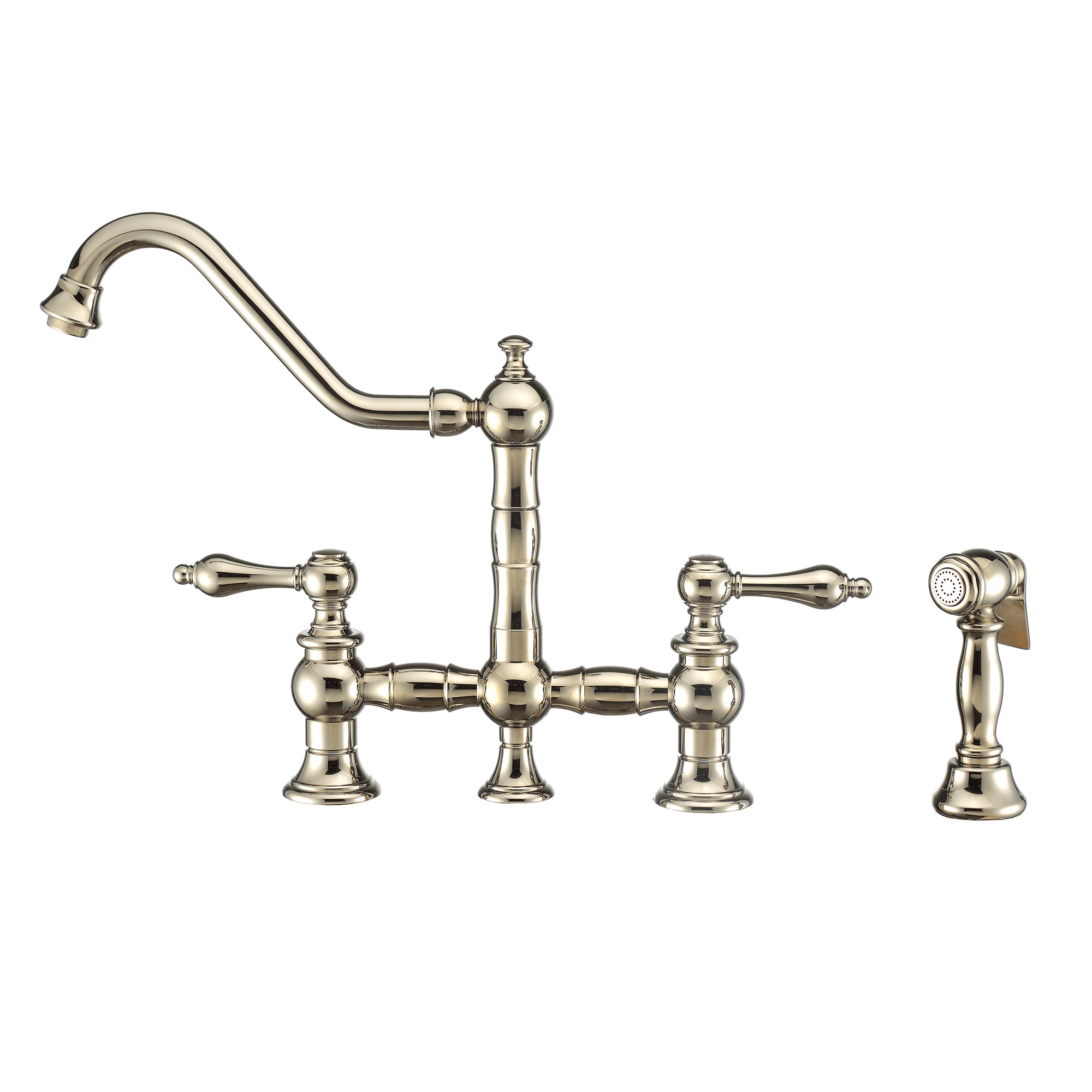 Bridge Faucet with Long Traditional Swivel Spout, Lever Handles and Solid Brass Side Spray