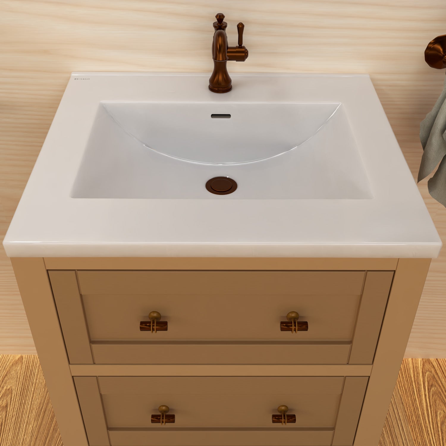 Countertop Vanity Sink with Integrated Rectangular Bowl, Faucet Drilling Options and Overflow