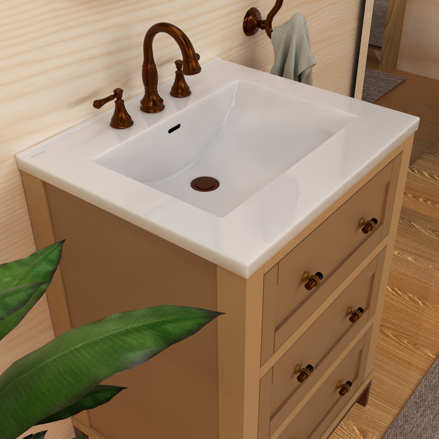 Countertop Vanity Sink with Integrated Rectangular Bowl, Faucet Drilling Options and Overflow