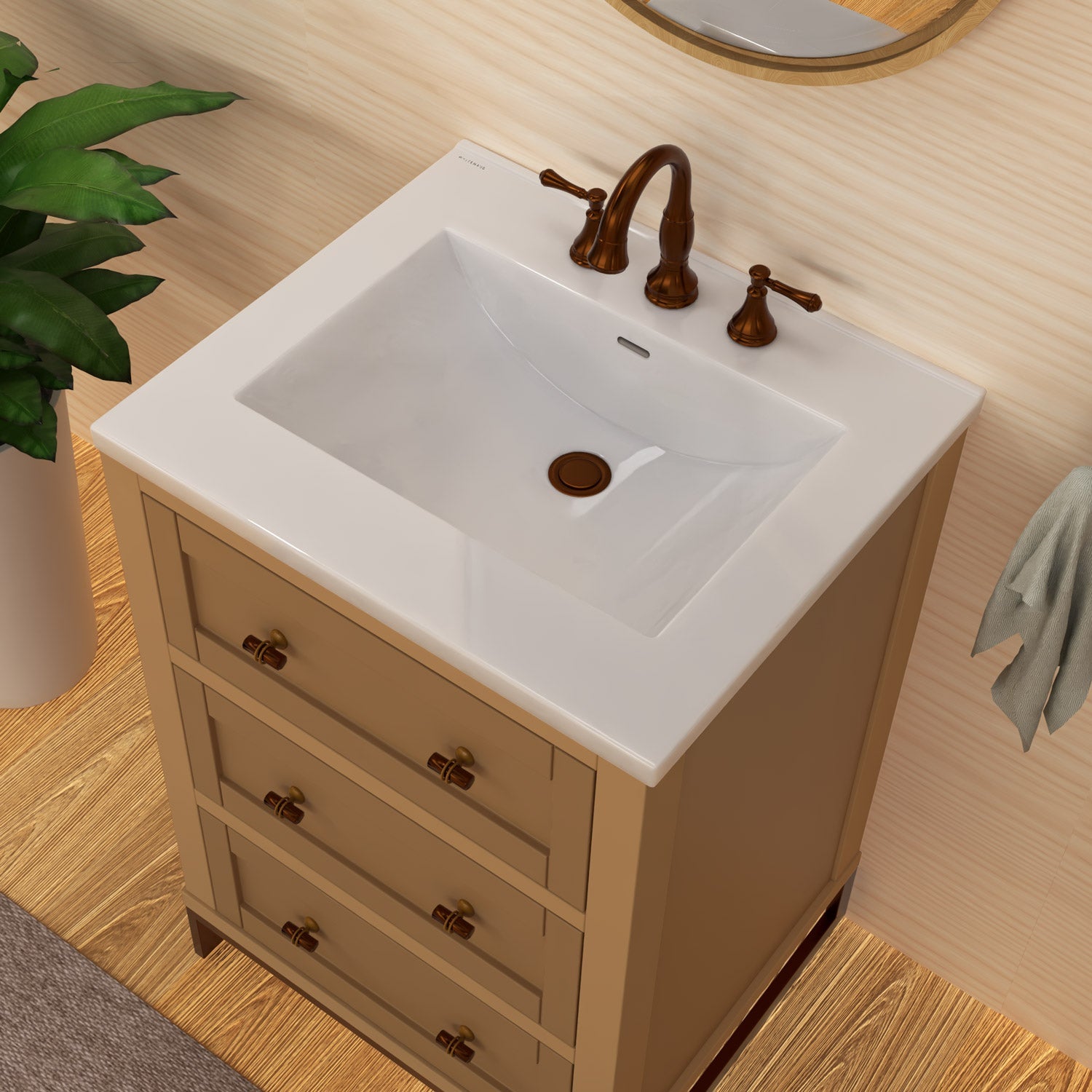 Countertop Vanity Sink with Integrated Rectangular Bowl, Faucet Drilling Options and Overflow