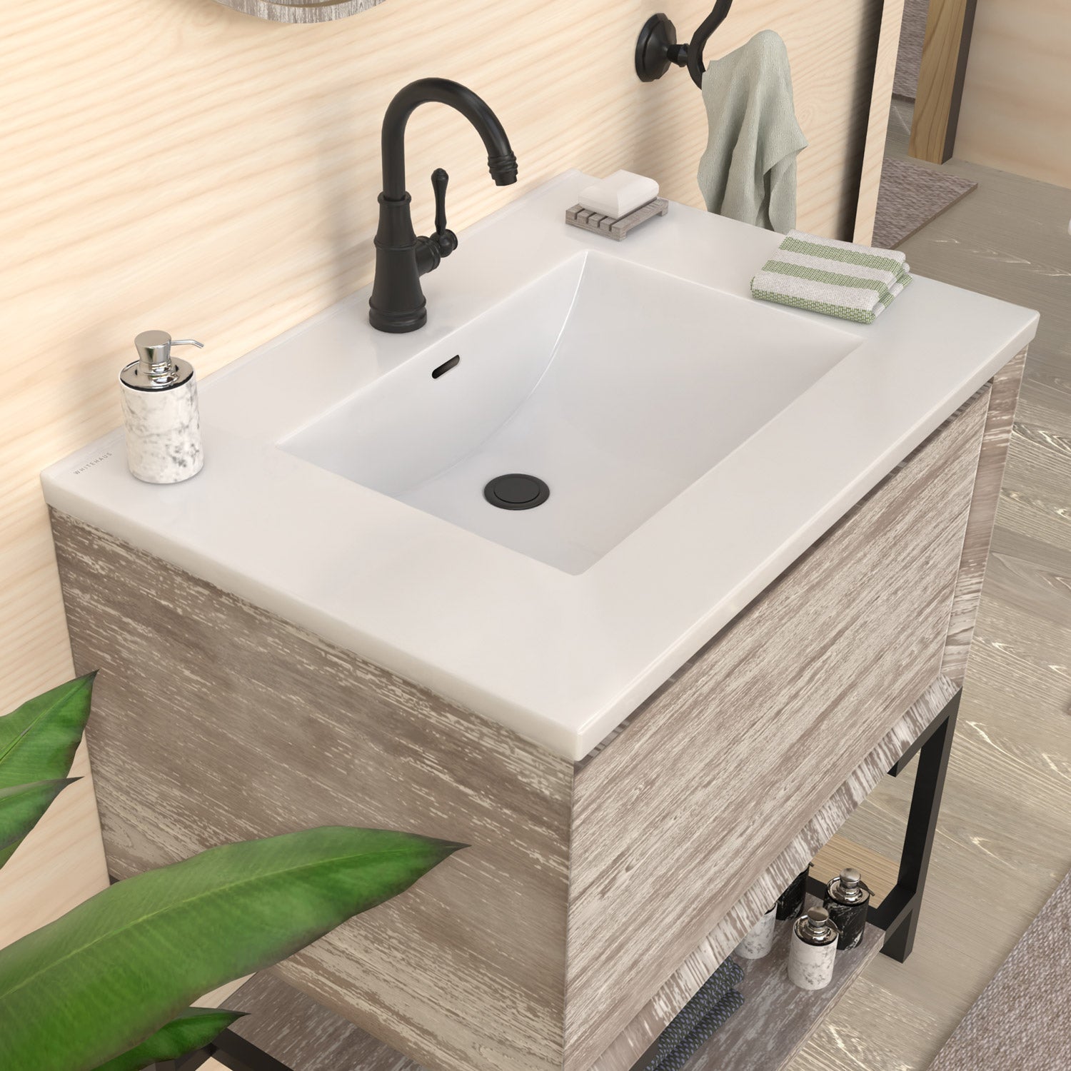 Countertop Vanity Sink with Integrated Rectangular Bowl, Faucet Drilling Options and Overflow