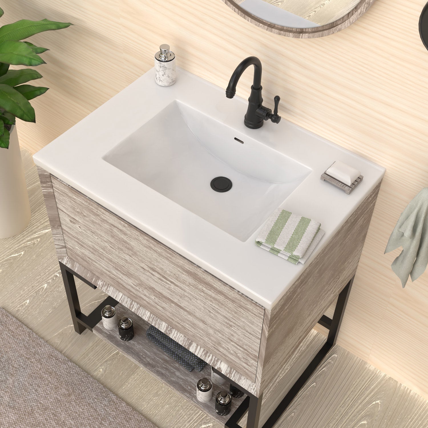 Countertop Vanity Sink with Integrated Rectangular Bowl, Faucet Drilling Options and Overflow