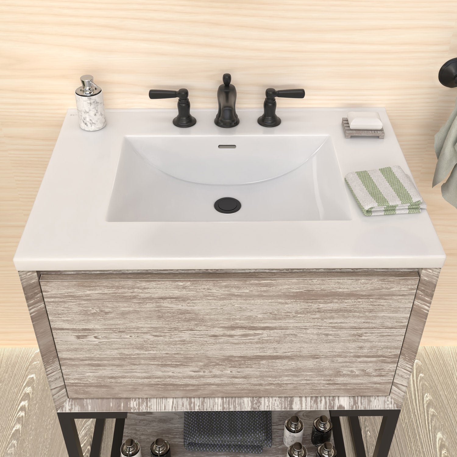 Countertop Vanity Sink with Integrated Rectangular Bowl, Faucet Drilling Options and Overflow