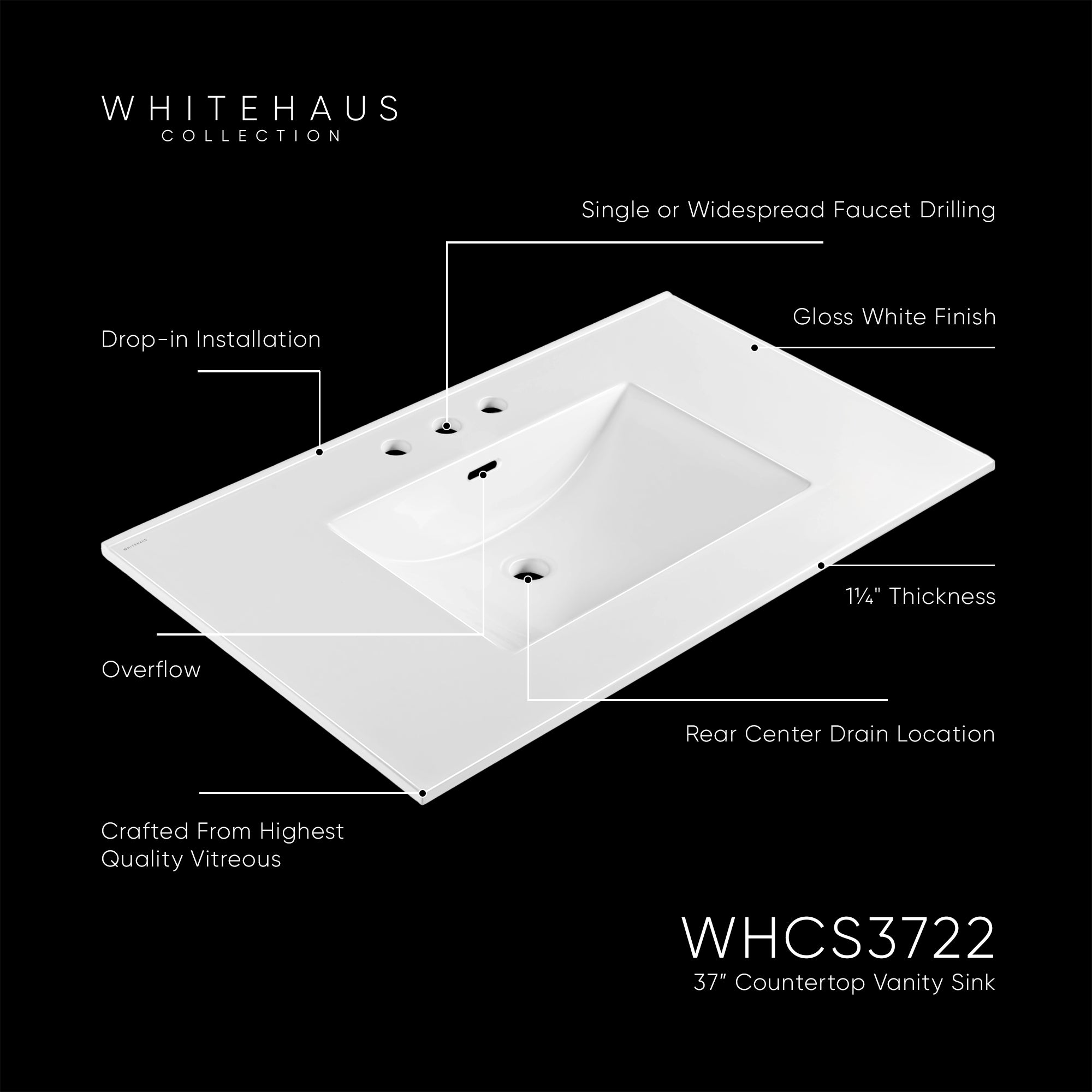 Countertop Vanity Sink with Integrated Rectangular Bowl, Faucet Drilling Options and Overflow