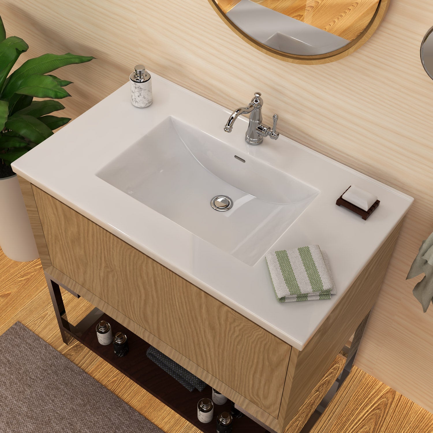 Countertop Vanity Sink with Integrated Rectangular Bowl, Faucet Drilling Options and Overflow