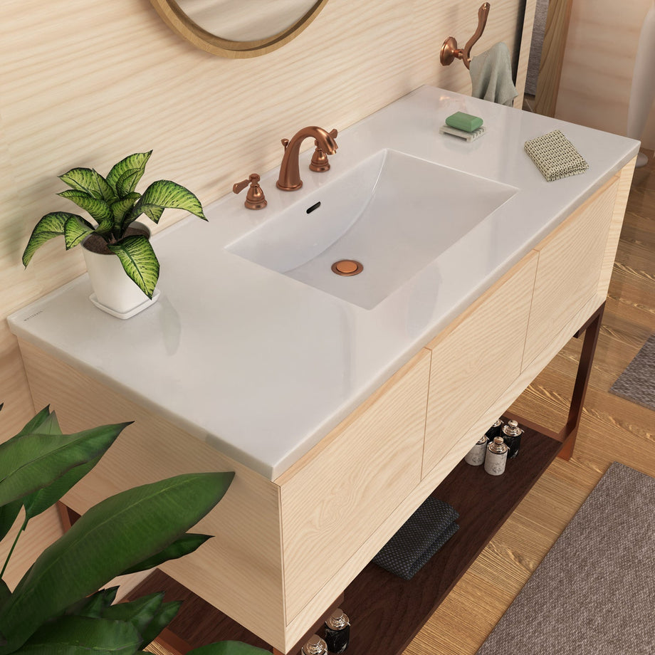 Countertop vanity sink with integrated rectangular bowl, faucet drilling options and overflow