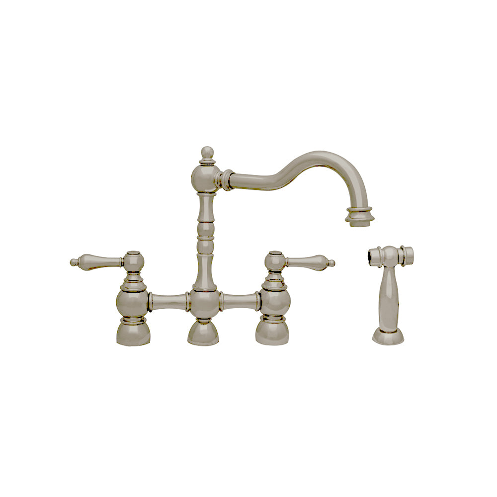 Englishhaus bridge faucet with long traditional swivel spout, solid lever handles and solid brass side spray