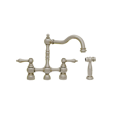 Englishhaus bridge faucet with long traditional swivel spout, solid lever handles and solid brass side spray