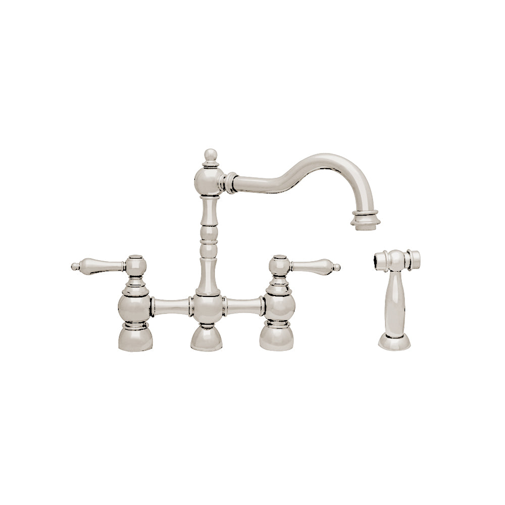 Englishhaus bridge faucet with long traditional swivel spout, solid lever handles and solid brass side spray