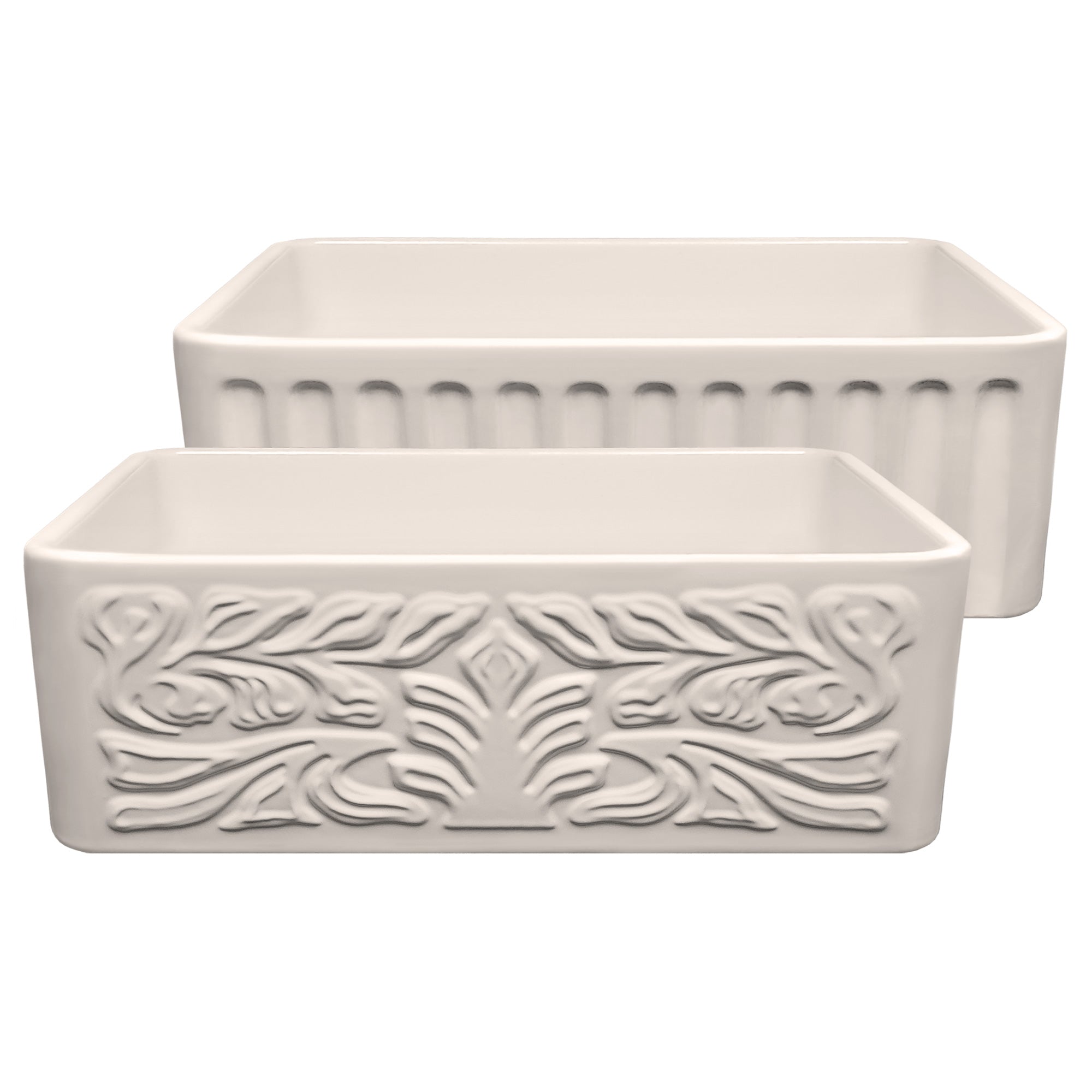 30" Reversible Single Bowl Fireclay Kitchen Sink: Roman Floral & Fluted Front Apron