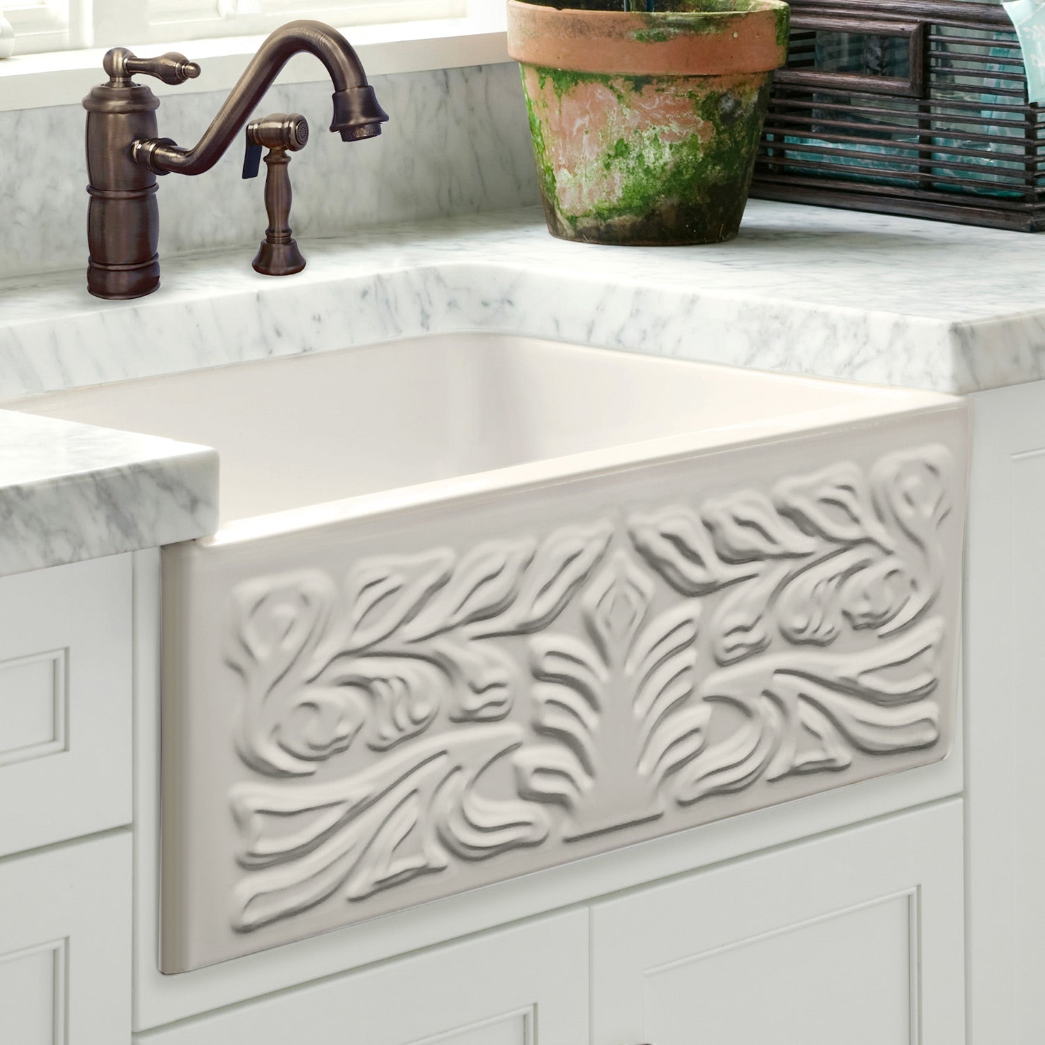 30" Reversible Single Bowl Fireclay Kitchen Sink: Roman Floral & Fluted Front Apron