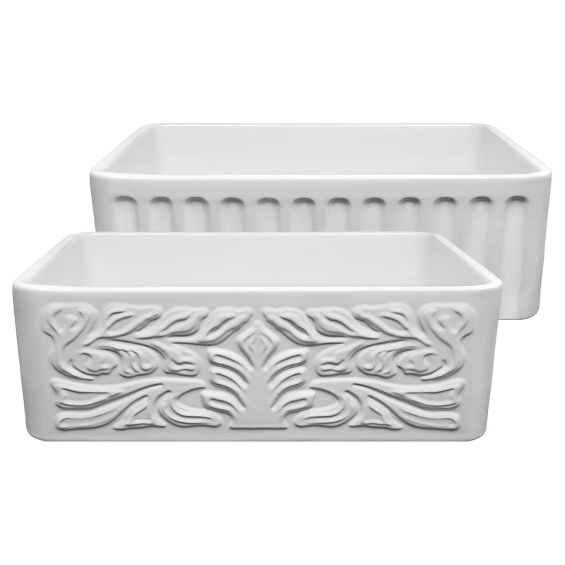 Reversible 30" Fireclay kitchen sink with Gothic & Flutted front aprons