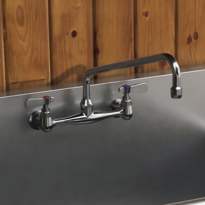 Solid brass wall mount utility faucet with extended swivel spout and lever handles