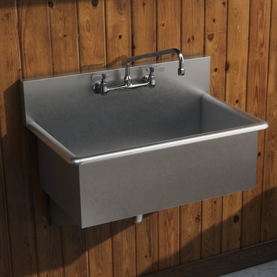 Solid brass wall mount utility faucet with extended swivel spout and lever handles