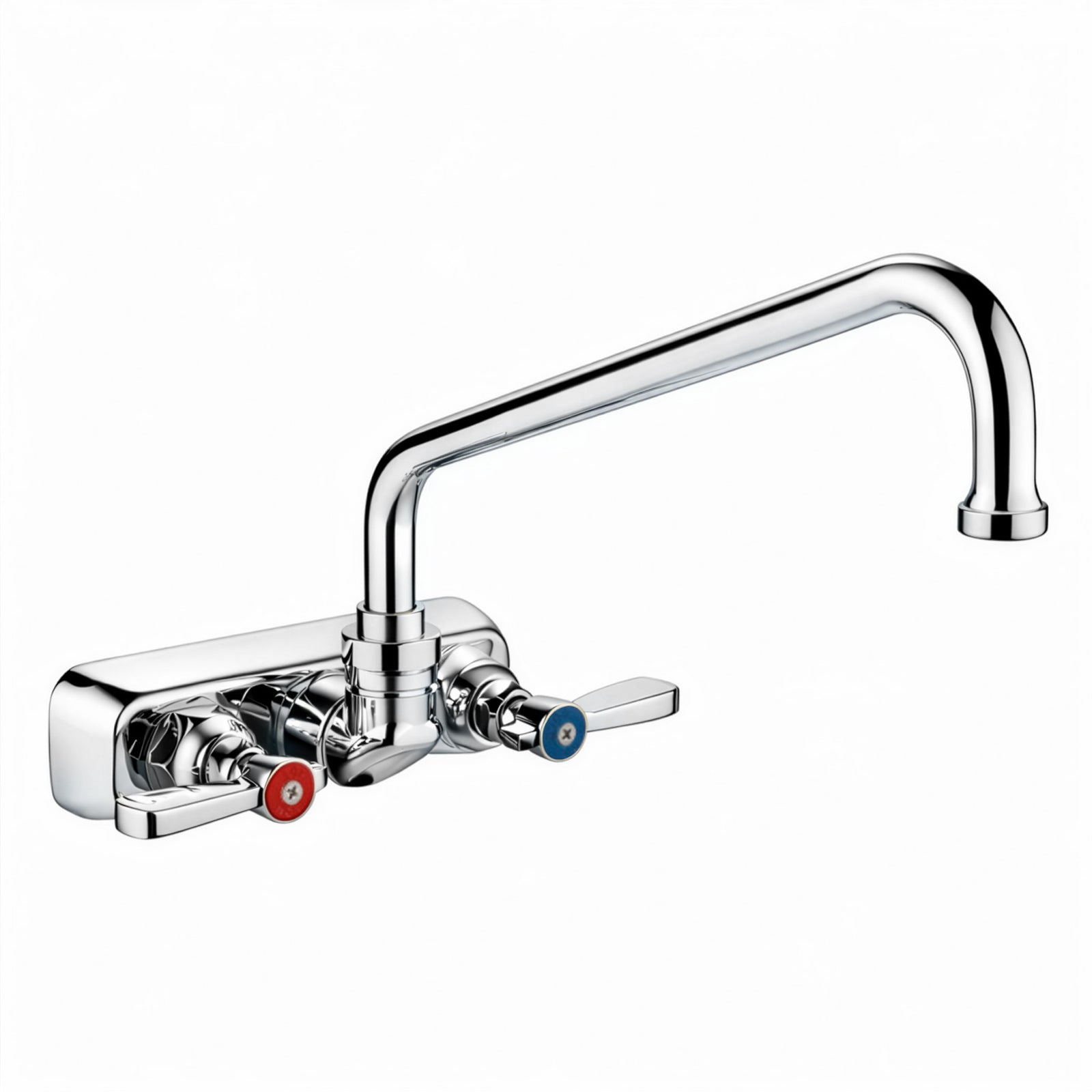 Solid brass wall mount utility faucet with extended swivel spout and lever handles