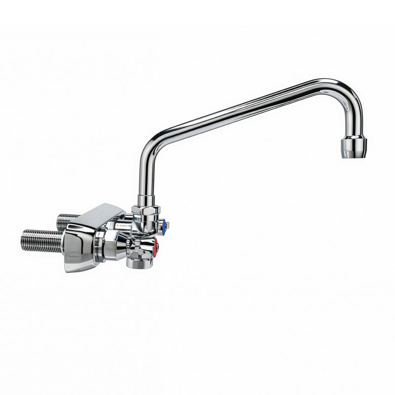 Solid brass wall mount utility faucet with extended swivel spout and lever handles