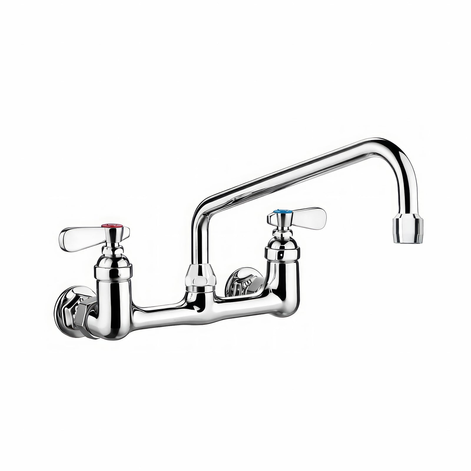 Solid brass wall mount utility faucet with an extended swivel spout and lever handles