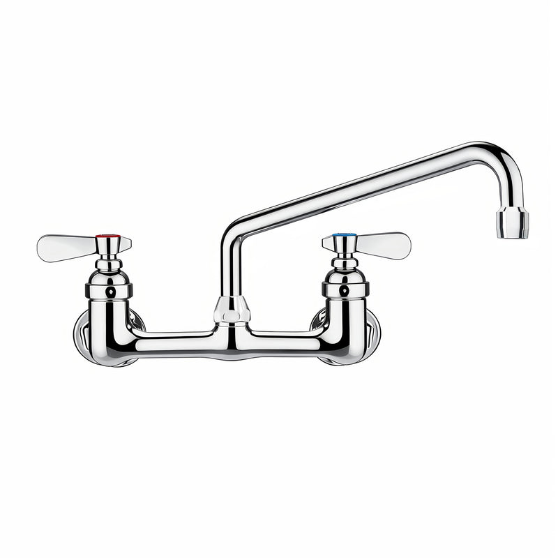Solid brass wall mount utility faucet with an extended swivel spout and lever handles