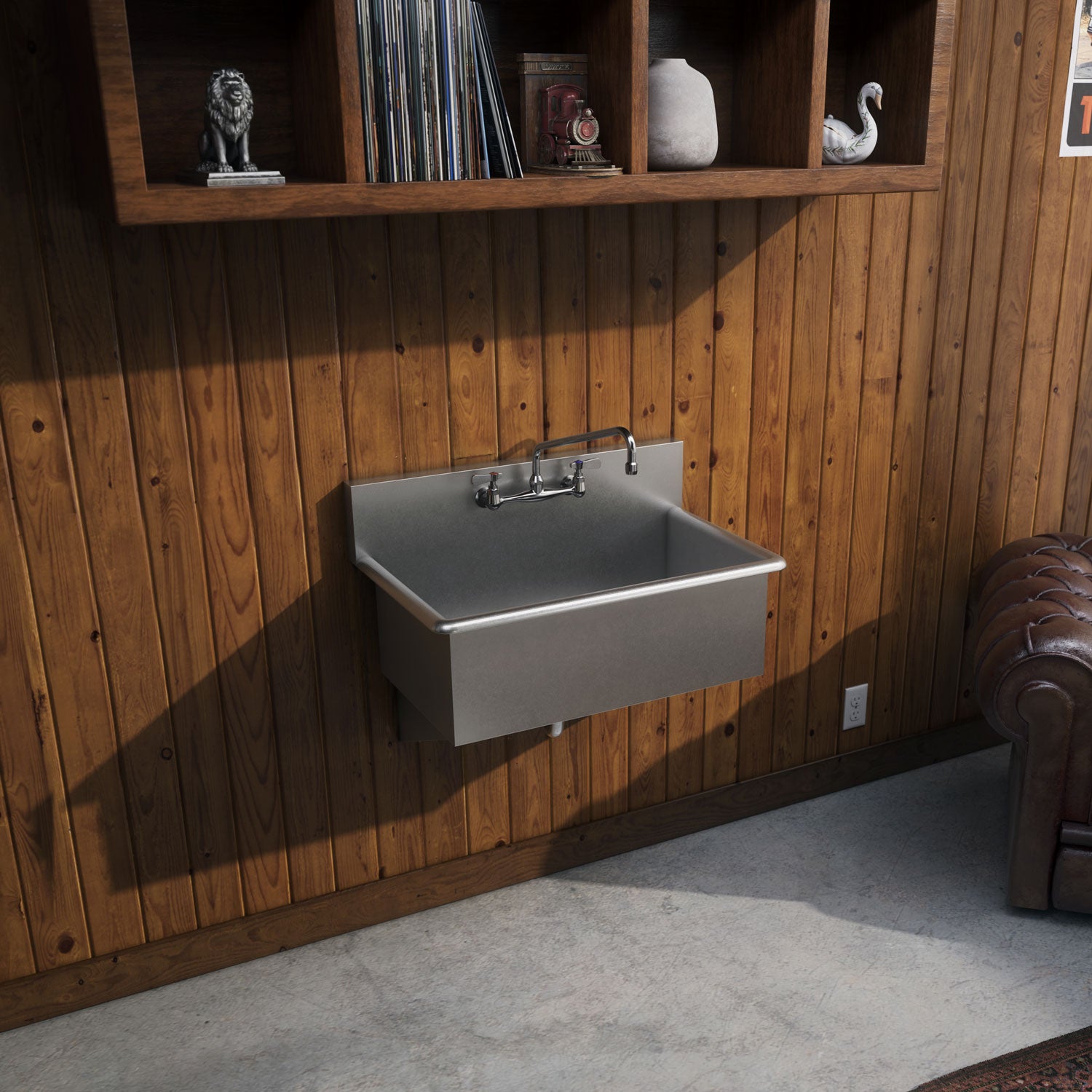 Solid brass wall mount utility faucet with an extended swivel spout and lever handles