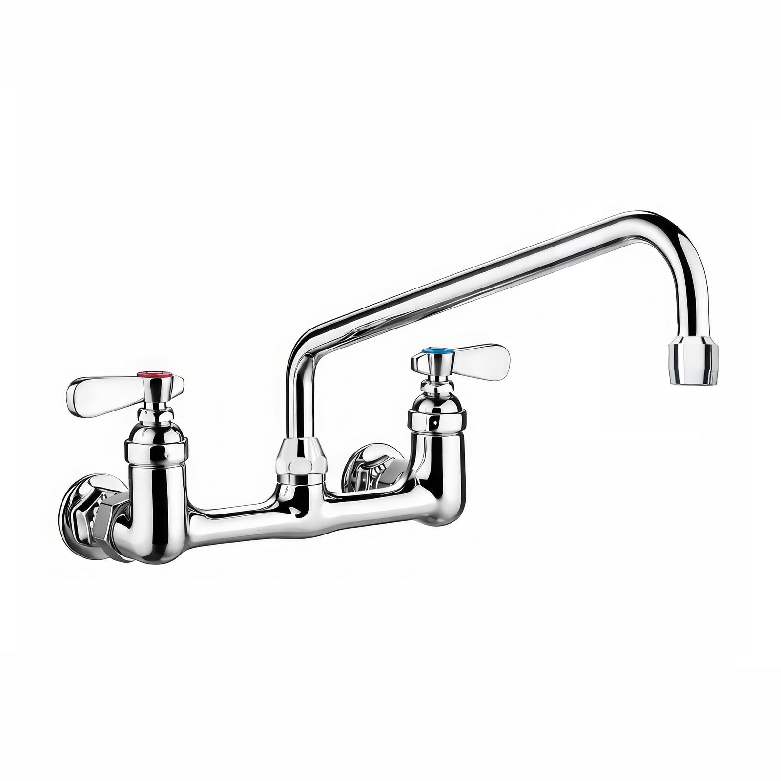 Solid brass wall mount utility faucet with an extended swivel spout and lever handles