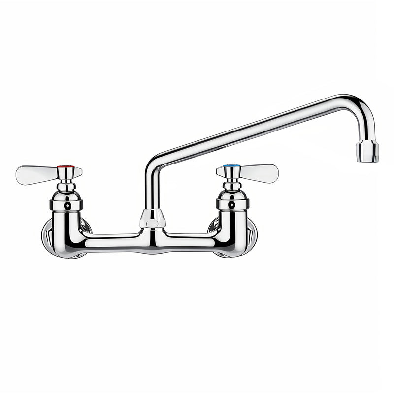 Solid brass wall mount utility faucet with an extended swivel spout and lever handles