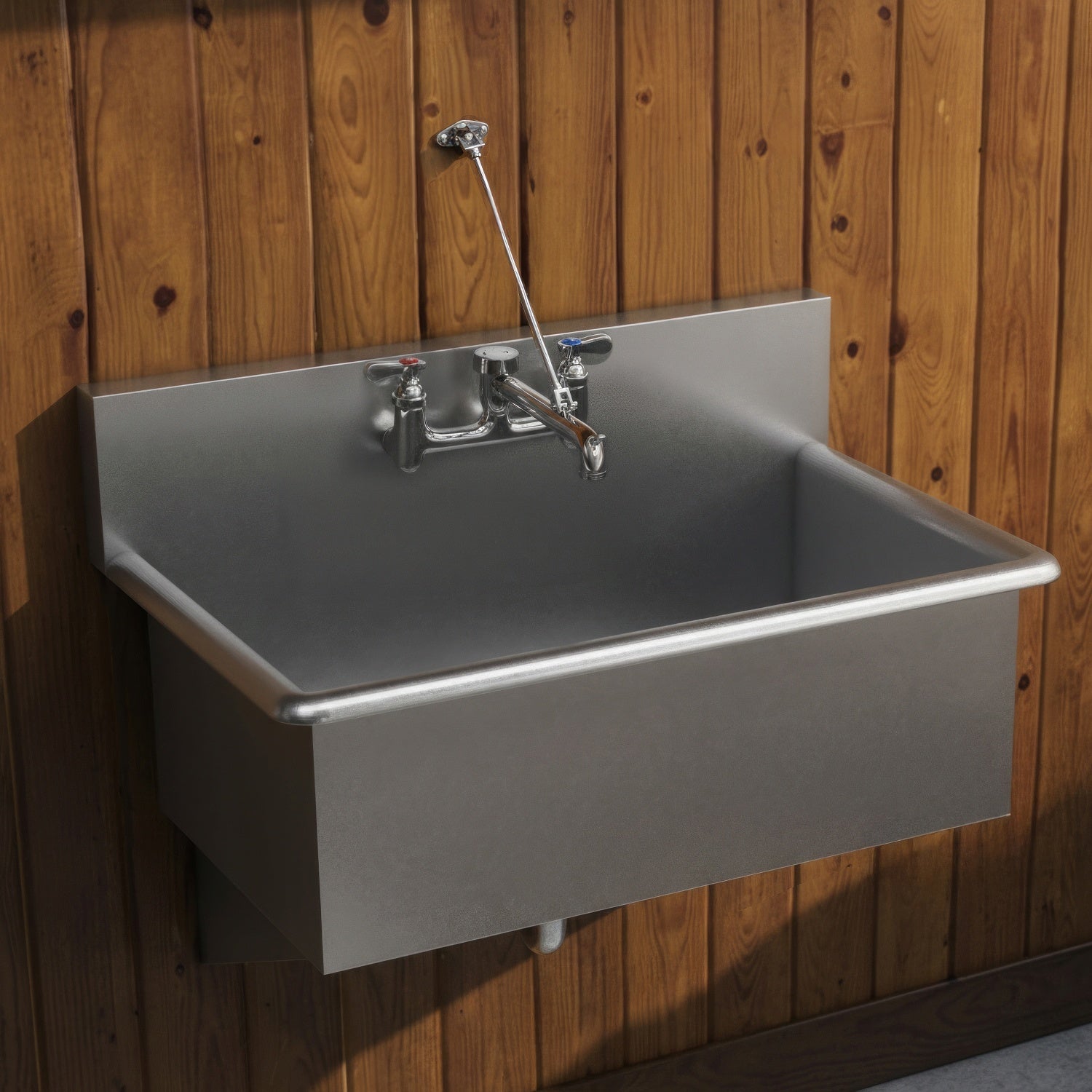 Solid brass wall mount service sink faucet with support bracket and lever handles