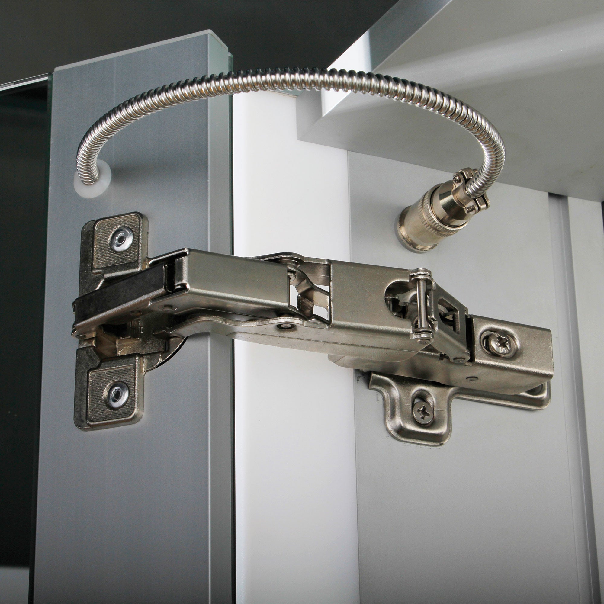 Anodized aluminum recessed single mirrored door medicine cabinet with outlet and led power dimmer