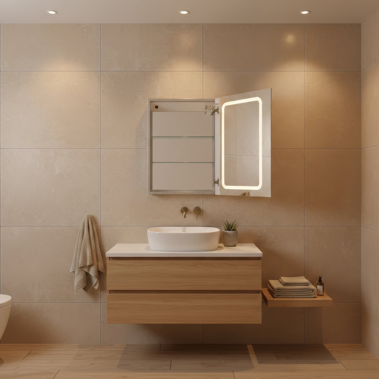 Anodized aluminum recessed single mirrored door medicine cabinet with outlet and led power dimmer