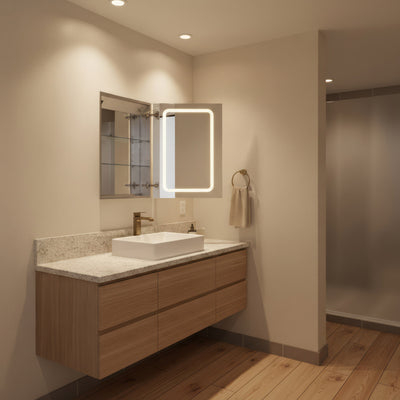 Anodized aluminum recessed single mirrored door medicine cabinet with outlet and led power dimmer