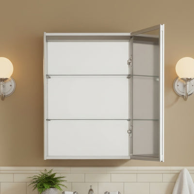 Anodized aluminum surface mount single mirrored door medicine cabinet