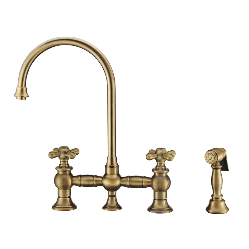 Bridge Faucet with Long Gooseneck Swivel Spout, Cross Handles and Solid Brass Side Spray