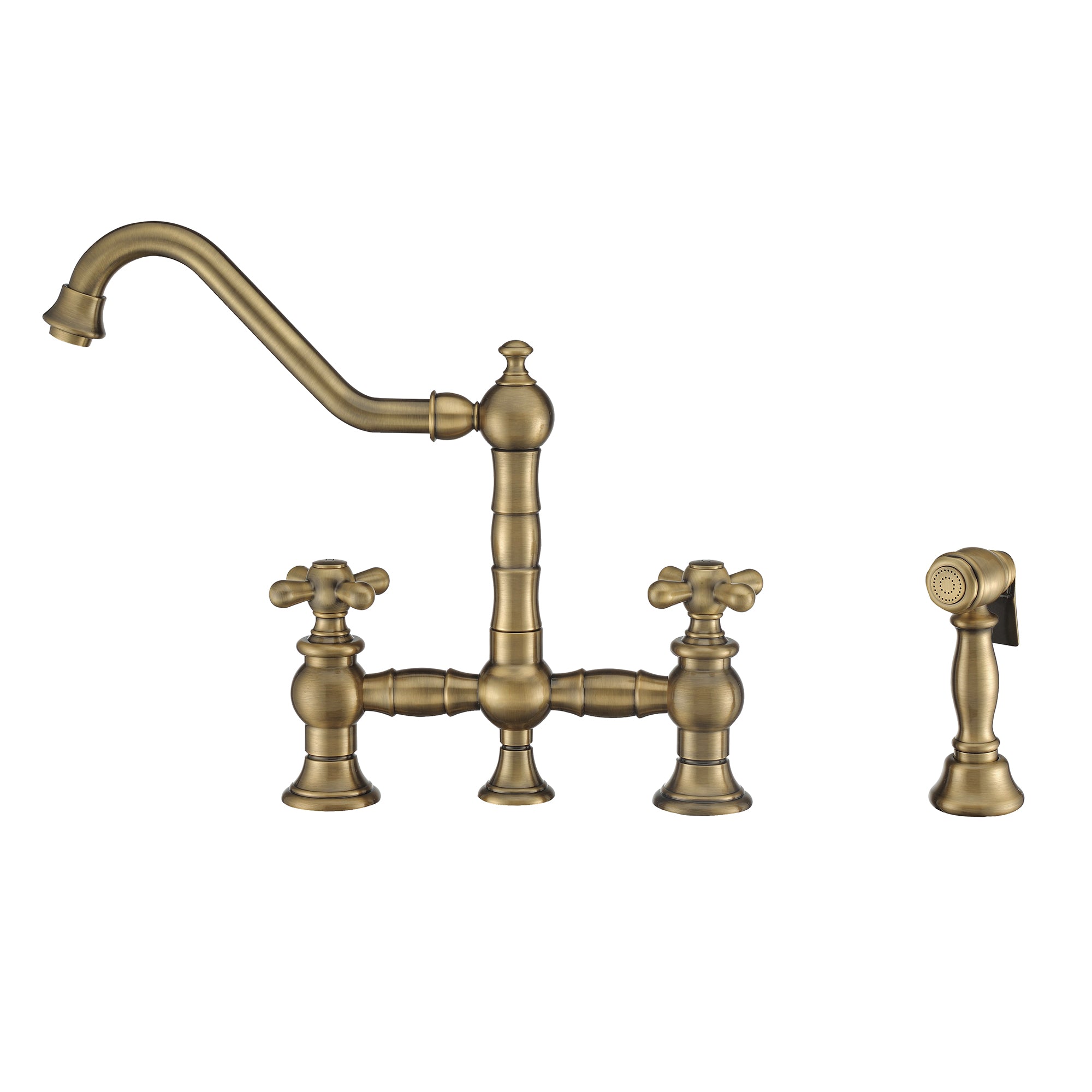 Bridge Faucet with Long Traditional Swivel Spout, Cross Handles and Solid Brass Side Spray