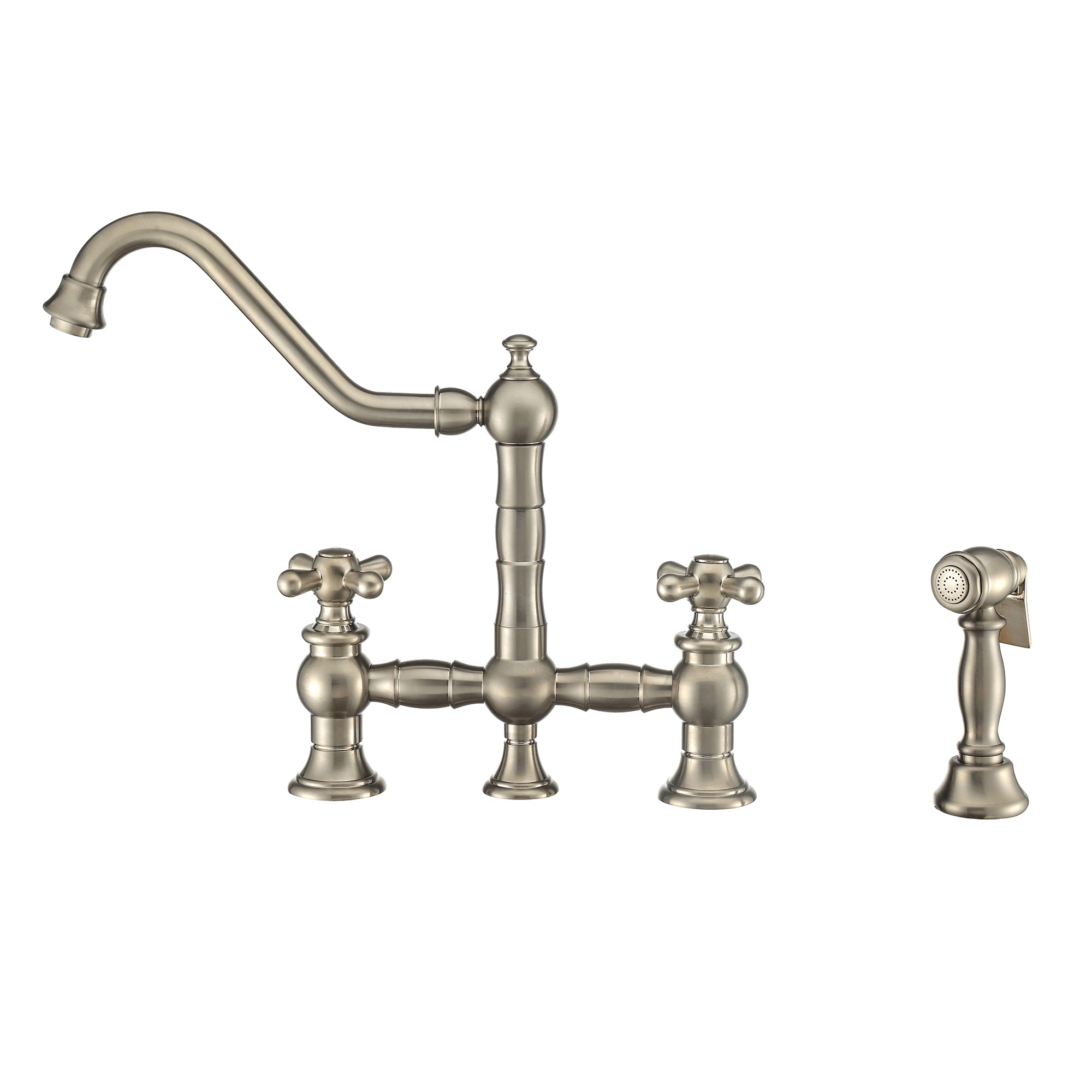 Bridge Faucet with Long Traditional Swivel Spout, Cross Handles and Solid Brass Side Spray