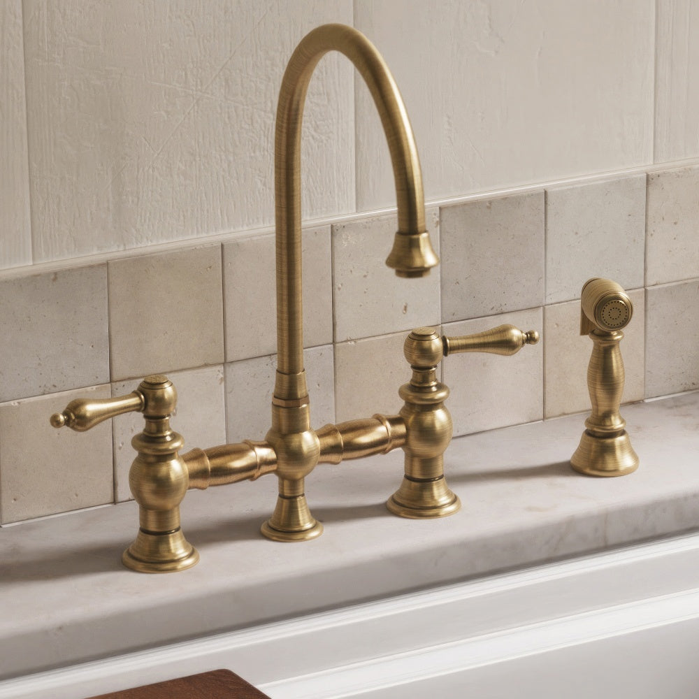 Bridge Faucet with Gooseneck Swivel Spout, Lever Handles and Solid Brass Side Spray