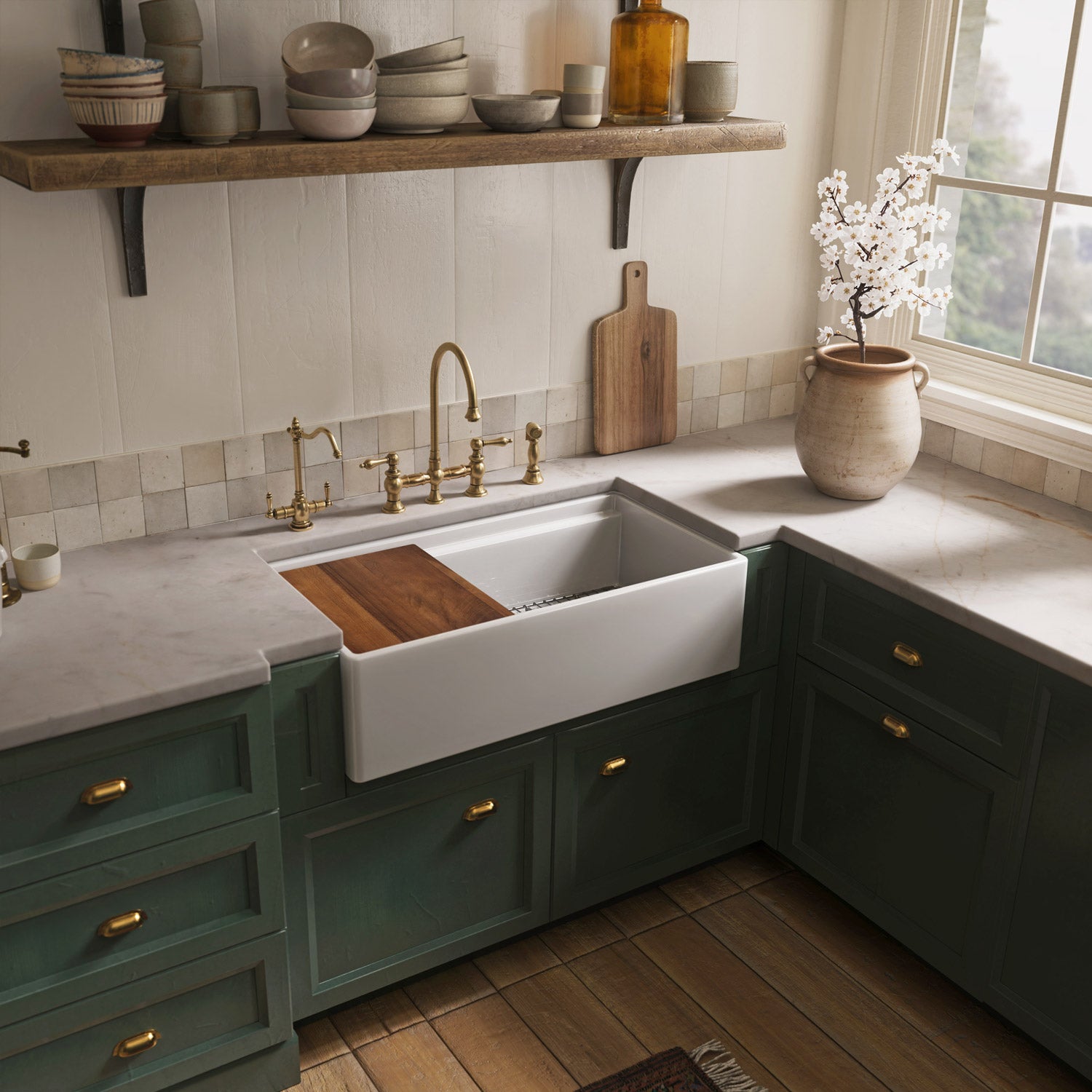 Bridge Faucet with Gooseneck Swivel Spout, Lever Handles and Solid Brass Side Spray