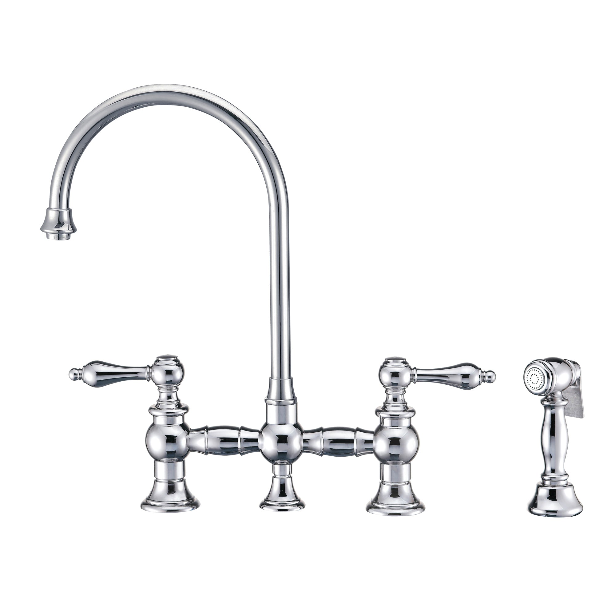 Vintage III Plus Bridge Faucet with Long Gooseneck Swivel Spout, Lever Handles and Solid Brass Side Spray