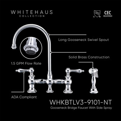 Bridge Faucet with Long Gooseneck Swivel Spout, Lever Handles and Solid Brass Side Spray