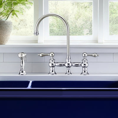 Bridge Faucet with Long Gooseneck Swivel Spout, Lever Handles and Solid Brass Side Spray