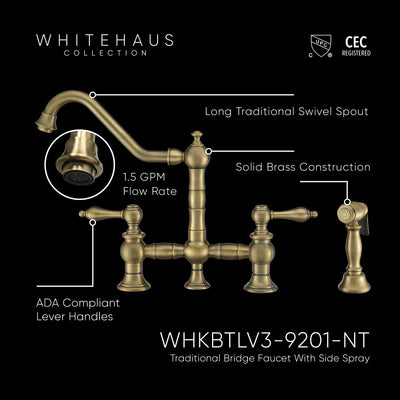 Bridge Faucet with Long Traditional Swivel Spout, Lever Handles and Solid Brass Side Spray