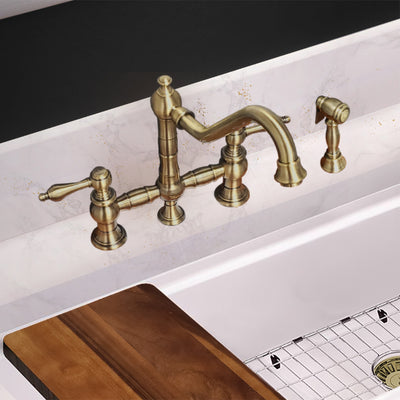 Bridge Faucet with Long Traditional Swivel Spout, Lever Handles and Solid Brass Side Spray