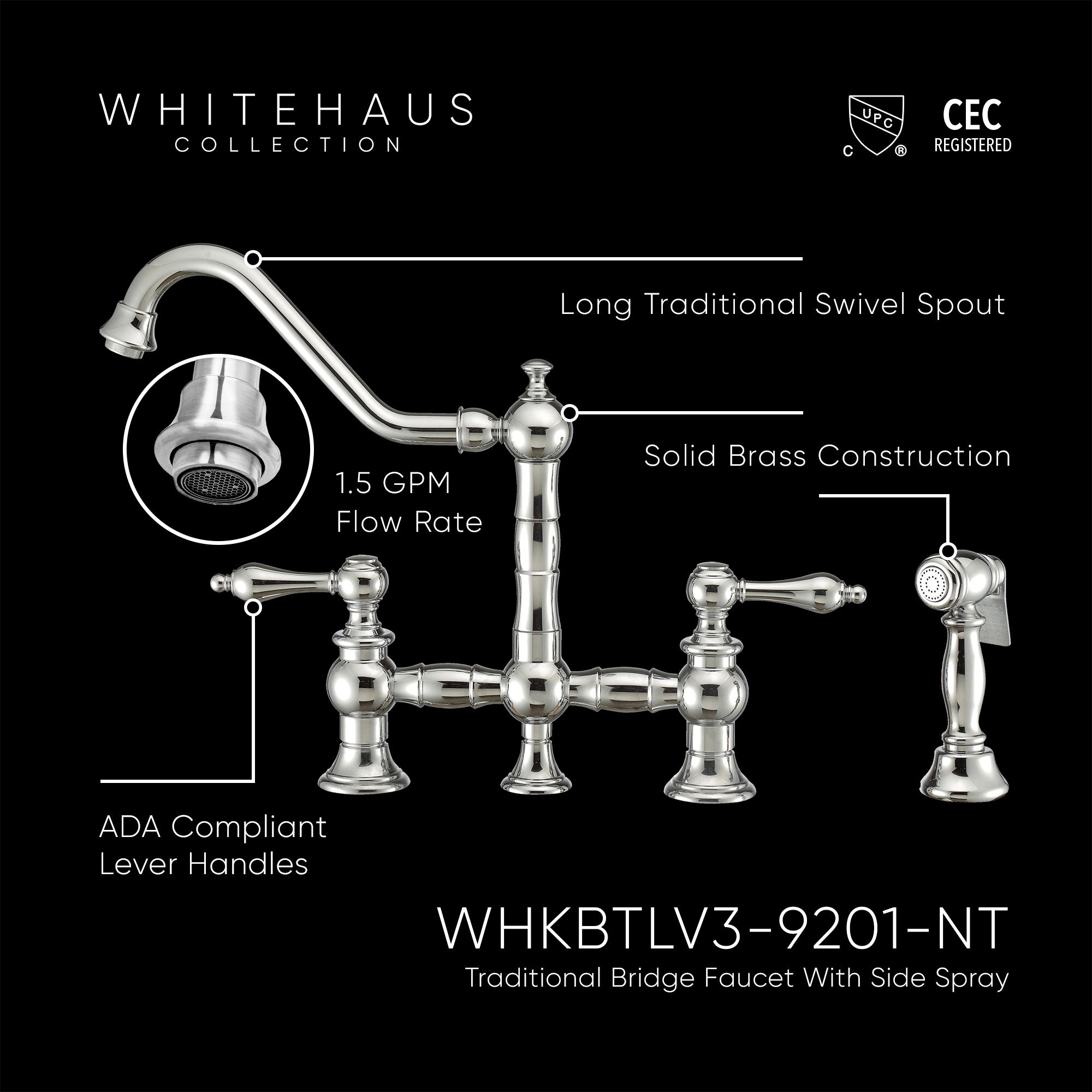 Bridge Faucet with Long Traditional Swivel Spout, Lever