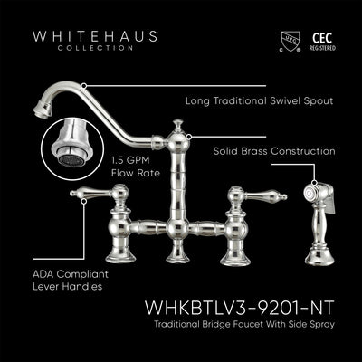 Bridge Faucet with Long Traditional Swivel Spout, Lever Handles and Solid Brass Side Spray