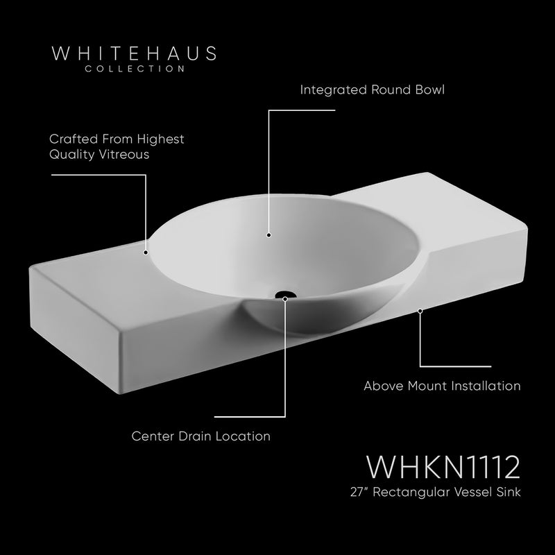 27" Rectangular Vessel Sink, Integrated Round Bowl and Center Drain Location