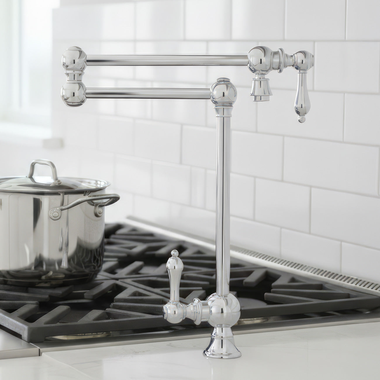Deck Mount Retractable Swing Spout Pot Filler with Lever Handles and Swivel Aerator