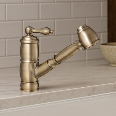 Solid brass deck mount single-hole kitchen faucet with a pull-out spray head and lever handle