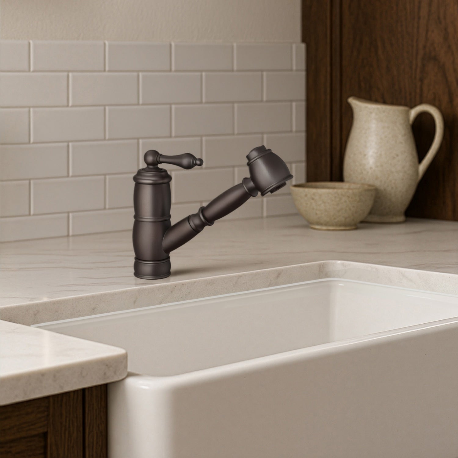 Solid brass deck mount single-hole kitchen faucet with a pull-out spray head and lever handle