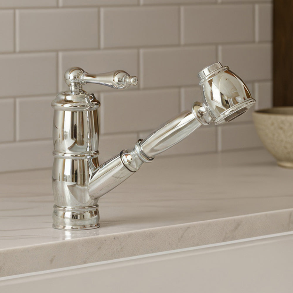 Solid brass deck mount single-hole kitchen faucet with a pull-out spray head and lever handle