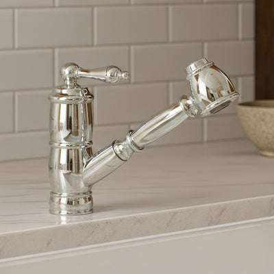 Solid brass deck mount single-hole kitchen faucet with a pull-out spray head and lever handle